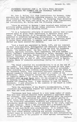 Report, Statements Regarding John J. McCloy's Final Decisions on Requests for Clemency for War Criminals Convicted at Nuremberg