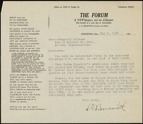 L. D. Beckwith (The Forum) typed letter signed to Sacco-Vanzetti Defense Committee, Stockton, Calif., May 1, 1927