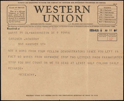 McGeachy telegram to Gardner Jackson, Washington, D. C., August 9, 1932