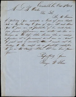 George W. Shaw, Camden, S.C., autograph note signed to Ziba B. Oakes, 4 October 1856