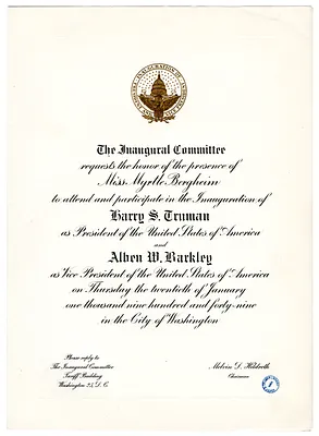 Invitation for Myrtle Bergheim to Attend Inauguration of President Harry S. Truman