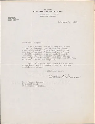 Arthur R. Donovan typed letter signed to [Mary Donovan] Hapgood, Evansville, Ind., February 16, 1949