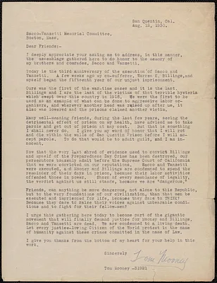 Tom Mooney typed letter signed to Sacco-Vanzetti Memorial Committee, San Quentin, Calif., August 12, 1930