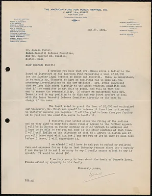 Elizabeth Gurley Flynn (The American Fund for Public Service, Inc.) typed letter signed to Amleto Fabbri, New York, N.Y., May 27, 1926