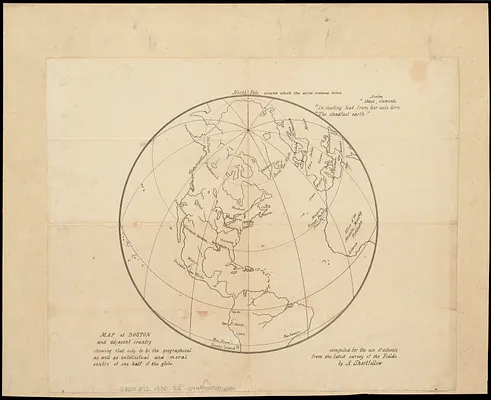 Map of Boston and adjacent country showing that city to be the geographical as well as intellectual and moral centre of one half of the globe
