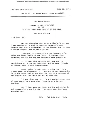 Remarks of the President to the 1974 Farm Family of the Year [Ford Speech or Statement]