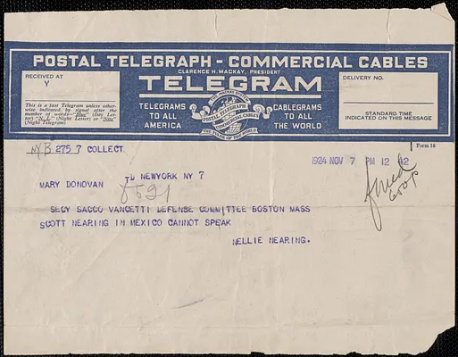 Nellie Nearing telegram to Mary Donovan, New York, N.Y., November 7, 1924