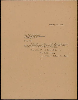 Sacco-Vanzetti Defense Committee typed letter (copy) to I. P. Randaccio, Boston, Mass., January 16, 1924
