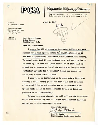 Letter from R. C. W. Davis to President Harry S. Truman