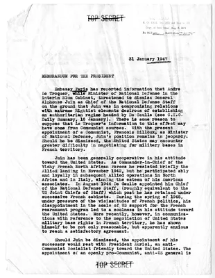 Memorandum from Lieutenant General Hoyt Vandenberg to President Harry S. Truman