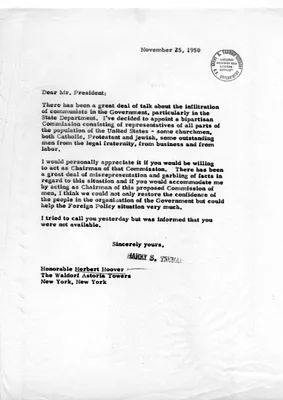Letter from President Harry S. Truman to Former President Herbert Hoover