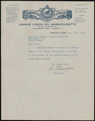 C.F. Ciampa (Ordine Figli D'Italia, Grande Loggia del Massachusetts) typed note signed to Sacco-Vanzetti Defense Committee, Boston, Mass., October 17, 1923