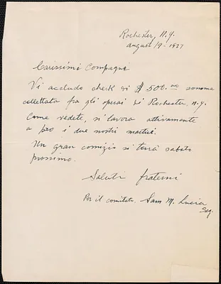 Sam M. Lucia (Sacco e Vanzetti Defense Committee, Rochester) autograph note signed, in Italian, to Sacco-Vanzetti Defense Committee, Rochester, N.Y., August 19, 1927