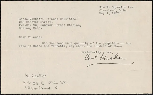 Carl Hacker typed note signed to Sacco-Vanzetti Defense Committee, Cleveland, Ohio, May 4, 1927