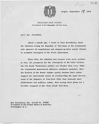 Letter from Nguyen Van Thieu, President of the Republic of Vietnam, to President Gerald R. Ford concerning U.S. support for the Paris Agreement.