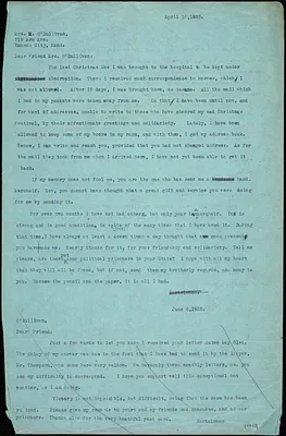 Bartolomeo Vanzetti typed letter (copy) to Mrs. M. O'Sullivan, [Bridgewater Hospital for the Criminally Insane], 18 April 1925 ; Bartolomeo Vanzetti typed note (copy) to Mrs. M. O'Sullivan, [Charlestown], 6 June 1925 ; Bartolomeo Vanzetti typed note (copy) to Mrs. M. O'Sullivan, [Charlestown], 17 June 1926 ; Bartolomeo Vanzetti typed letter (copy) to Mrs. M. O'Sullivan, [Charlestown], 18 January 1927