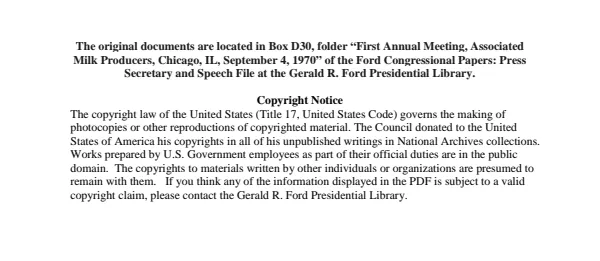 First Annual Meeting, Associated Milk Producers, Chicago, IL, September 4, 1970