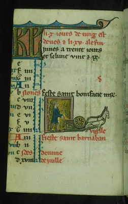Leaf from Book of Hours: June Calendar, Man Plowing a Field