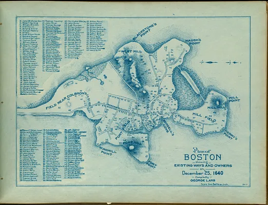 Plan of Boston showing existing ways and owners on December 25, 1640