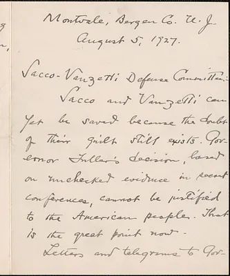Jeannette S. Davis and Betsey B. Davis autograph letter signed to Sacco-Vanzetti Defense Committee, Montvale, N.J., August 5, 1927
