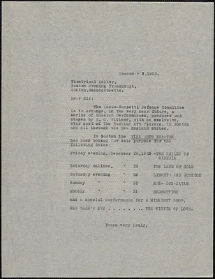 Sacco-Vanzetti Defense Committee typed letter (copy) to Theatrical Editor, Boston Evening Transcript, December 6, 1923