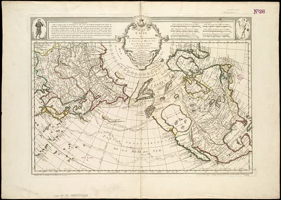 Carte des nouvelles découvertes au nord de la Mer du Sud, tant à l'est de la Siberie et du Kamtchatka, qu'à l'ouest de la Nouvelle France