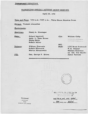 Minutes of a meeting of the Washington Special Actions Group, chaired by Henry Kissinger, Secretary of State, and attended by staff from the Department of State, Department of Defense, the CIA, the National Security Council, and the Joint Chiefs of Staff, concerning the Vietnam evacuation.