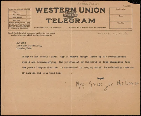 Rose Sacco telegram to to E. Vivas, March 10, 1923