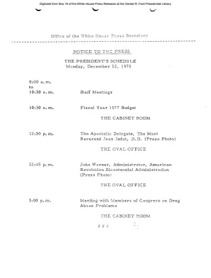 President's Schedule, Monday, December 22, 1975
