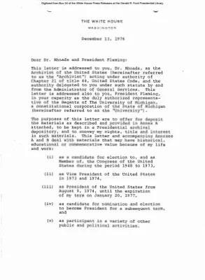 Letter from the President to the Archivist of the United States and the President of the University of Michigan regarding his papers