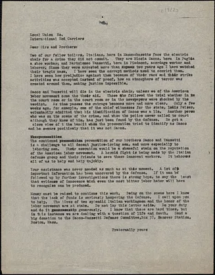 Sacco-Vanzetti Defense Comittee typed letter (circular) to the International Hod Carriers' and Building and Common Laborers' Union of America, Boston, Mass., [1922]