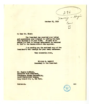 Letter from Eugene Bloch to President Harry S. Truman with a Reply from William D. Hassett