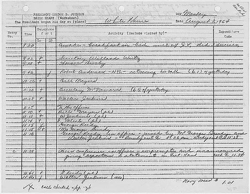President's Daily Diary Entry, August 3, 1964