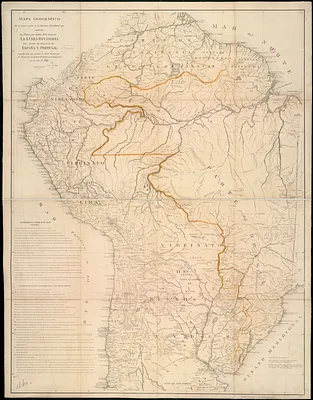 Mapa geográfico de la mayor parte de la América Meridional que contiene los paises por donde debe trazarse la línia divisoria que divida los dominios de España y Portugal