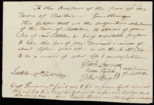John Bernard indentured to apprentice with John Dix of Littleton, 2 March 1799