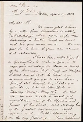 Letter from Samuel May, Jr., Boston, to Samuel Joseph May, April 17, 1853