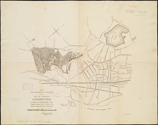Map of proposed arboretum, showing its outlines and local connections, with a study for public drive passing through it