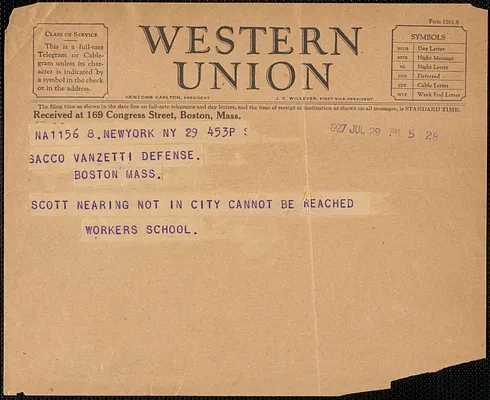 Workers School telegram to Sacco-Vanzetti Defense Committee, New York, N.Y., July 29, 1927