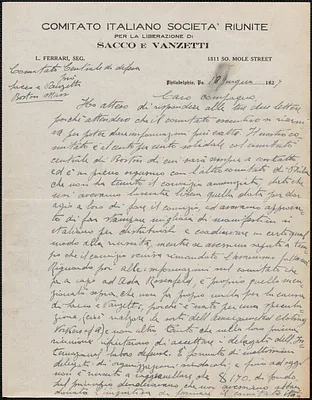 Luigi Ferrari (Comitato Italiano Societa' Riunite per la Liberazione di Sacco e Vanzetti) autograph letter signed, in Italian, to Sacco-Vanzetti Defense Committee, Philadelphia, Pa., June 18, 1927