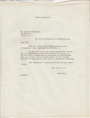 Letters Sent to Arthur DeVincentis, October 2, 1930