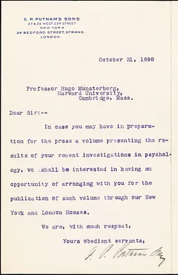 G. P. Putnam's Sons typed letter signed to Hugo Münsterberg, New York, 31 October 1898