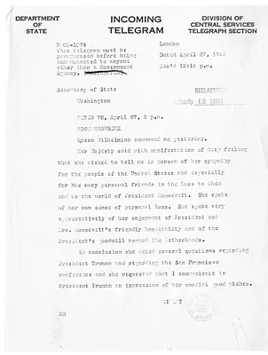 Telegram from John G. Winant to Secrertary of State Edward Stettinius