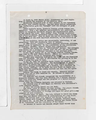 [Typewritten manuscript entitled "A History of the Cold War by John Lukacs." Handwritten note states "book review written by Ferrie for possible use by Perry Russo".]