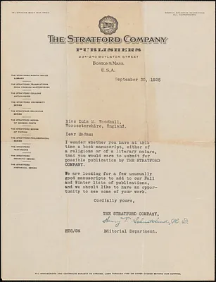 Henry T. Schmittkind (The Stratford Company) typed letter signed to Zula [Maud] Woodhull, Boston, September 30, 1925