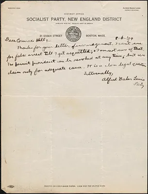 Alfred Baker Lewis (Socialist Party, New England District) autograph note signed to [Creighton J. Hill, Boston, Mass., August 6, 1929