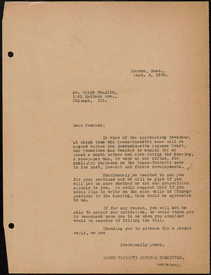 Sacco-Vanzetti Defense Committee typed letter (copy) to Ralph Chaplin, Boston, Mass., September 3, 1925