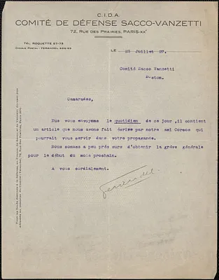 Ferandel (Comité De Défense Sacco-Vanzetti) typed note signed, in French, to Sacco-Vanzetti Defense Committee, Paris, France, July 23, 1927