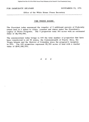 President today announced the transfer of 9 additional parcels of Federally owned land in 6 states to cities, counties and states [Notice to Press]
