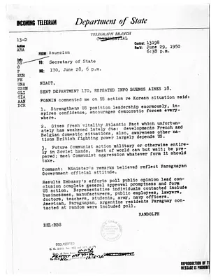Telegram from Randolph, United States Embassy at Asuncion, Paraguay to Secretary of State Dean Acheson