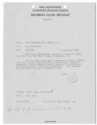 Cable from the High Commissioner of the Philippines to Justin Wolf